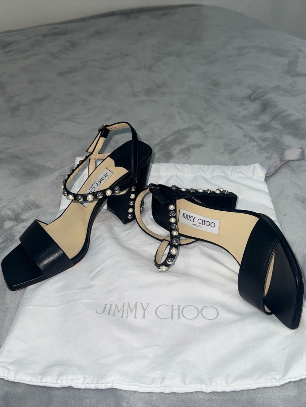 Jimmy Choo Black Pearl-Accented Leather Strappy Heels